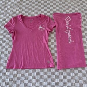 TWO Reel Legends Pink White V-neck Tees Size Small